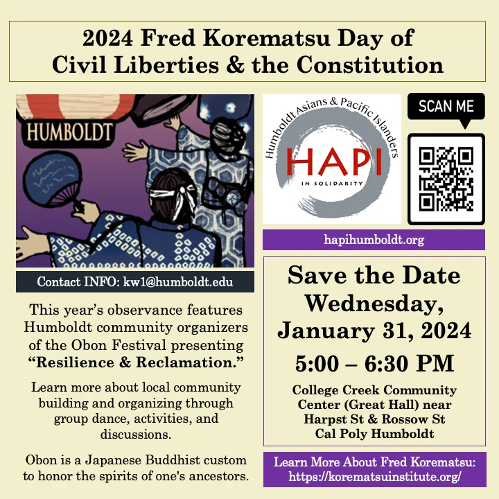 2024 Annual Fred Korematsu Day of Civil Liberties & the Constitution (Taiko, Bon Odori, Panel..) Cal Poly Humboldt  | Japanese-City.com
