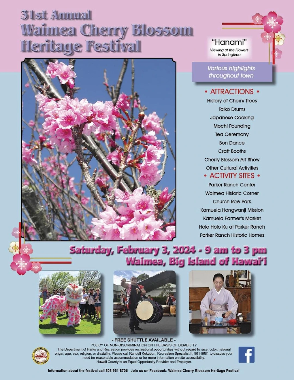 2024 - 31st Annual Waimea Cherry Blossom Heritage Festival (Japanese Food,  Music, Live Taiko, Fashion, Crafts, Tours