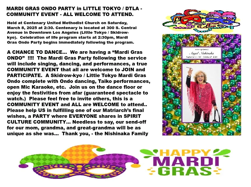 2025 Mardi Gras Ondo Party in Little Tokyo, Japantown-DTLA: A Special Community Event - Taiko, Ondo Dancing, Singing.. (Everybody Welcome)