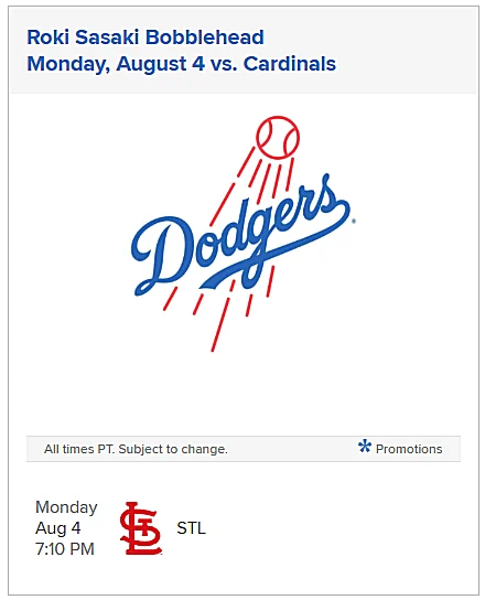 2025 Roki Sasaki Bobblehead* Dodger Stadium vs Cardinal's (Buy Special Ticket Package Will Get a Roki Sasaki Bobblehead) Use Dodger Link!