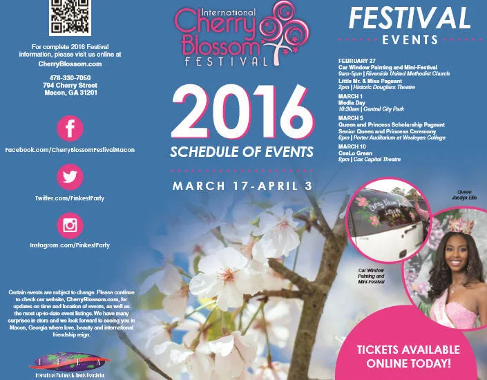 2016 - 34th Annual Cherry Blossom Festival (March 17-April 3) - 300,000+ Yoshino Cherry Trees in Macon, Georgia | Japanese-City.com